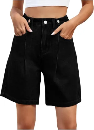 Borniu Jean Shorts for Women Trendy High Waisted Stretchy Denim Summer Casual Long Shorts Fashion Solid Color Y2K Jeans