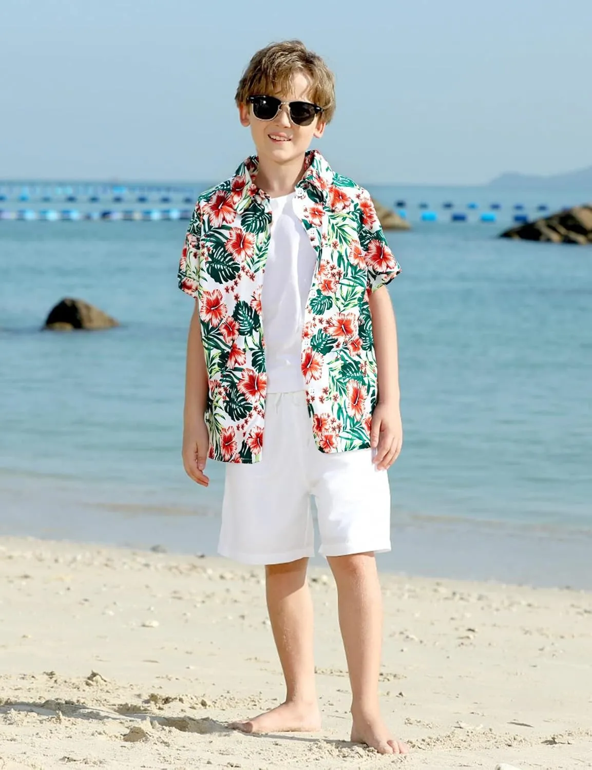 Boys Hawaiian Shirt Short Sleeve Boys Button Down Shirt Beach Casual Summer Print Top T-Shirt for Kids 5-14 Years