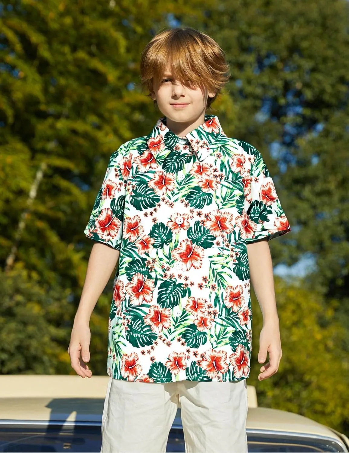 Boys Hawaiian Shirt Short Sleeve Boys Button Down Shirt Beach Casual Summer Print Top T-Shirt for Kids 5-14 Years