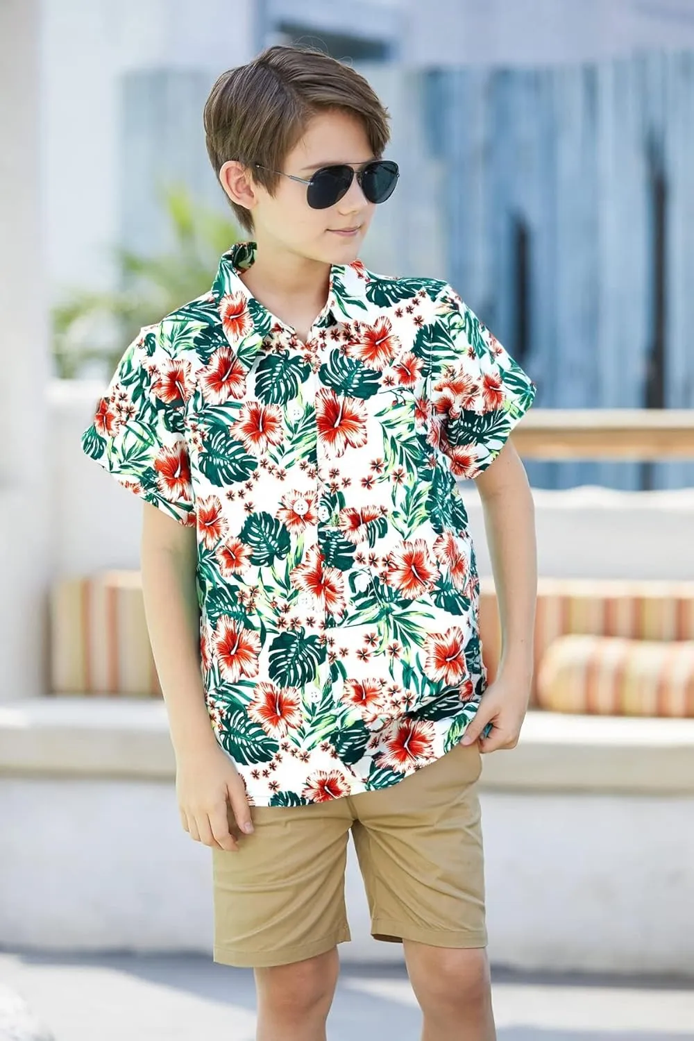 Boys Hawaiian Shirt Short Sleeve Boys Button Down Shirt Beach Casual Summer Print Top T-Shirt for Kids 5-14 Years