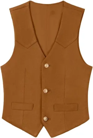 Boys Vest Leather Western Cowboy Dress Vests with Pockets Vintage Suede V Neck Formal Wedding Waistcoat