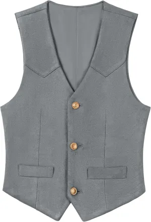 Boys Vest Leather Western Cowboy Dress Vests with Pockets Vintage Suede V Neck Formal Wedding Waistcoat