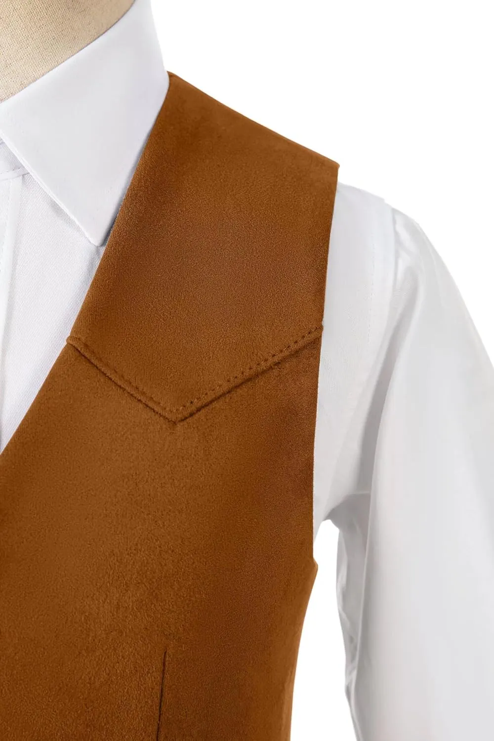 Boys Vest Leather Western Cowboy Dress Vests with Pockets Vintage Suede V Neck Formal Wedding Waistcoat