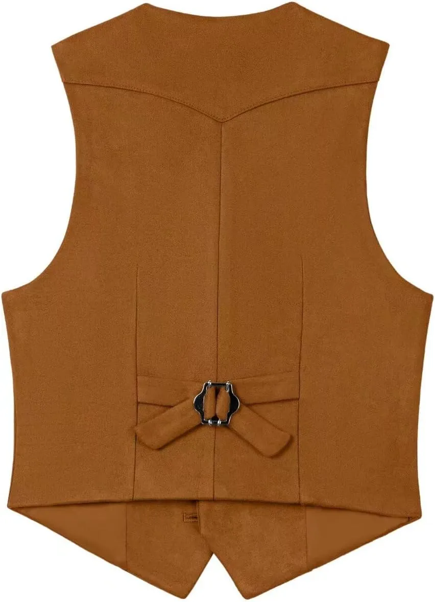 Boys Vest Leather Western Cowboy Dress Vests with Pockets Vintage Suede V Neck Formal Wedding Waistcoat