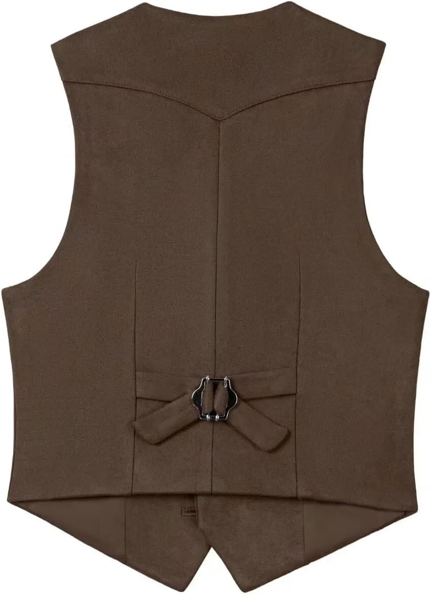 Boys Vest Leather Western Cowboy Dress Vests with Pockets Vintage Suede V Neck Formal Wedding Waistcoat