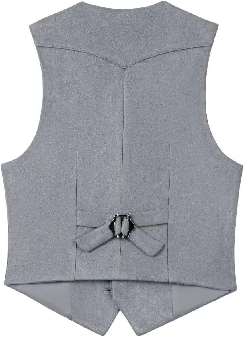 Boys Vest Leather Western Cowboy Dress Vests with Pockets Vintage Suede V Neck Formal Wedding Waistcoat