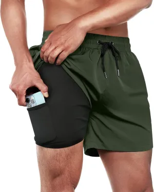 BRISIRA Mens Swim Trunks Swim Shorts Quick Dry 5 inch Inseam Beach Shorts with Compression Liner and Zipper Pocket