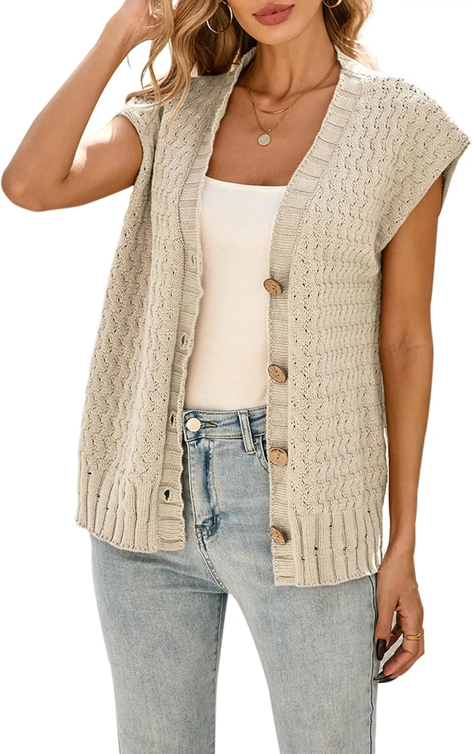 Cakulo Womens Cable Knit Sweater Vest 2025 Oversized Sleeveless Button Down Summer Cardigan Sweaters Tops