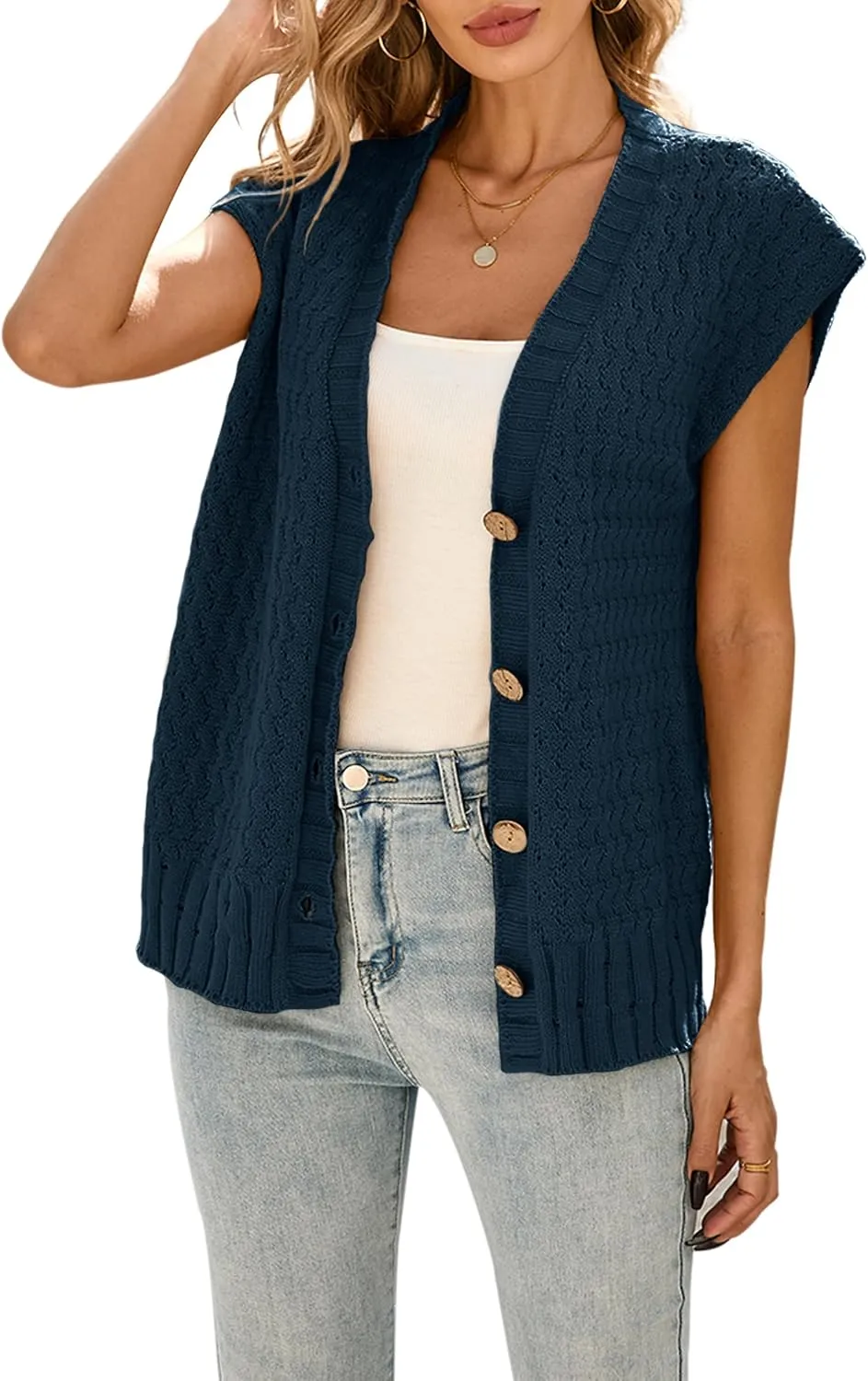 Cakulo Womens Cable Knit Sweater Vest 2025 Oversized Sleeveless Button Down Summer Cardigan Sweaters Tops