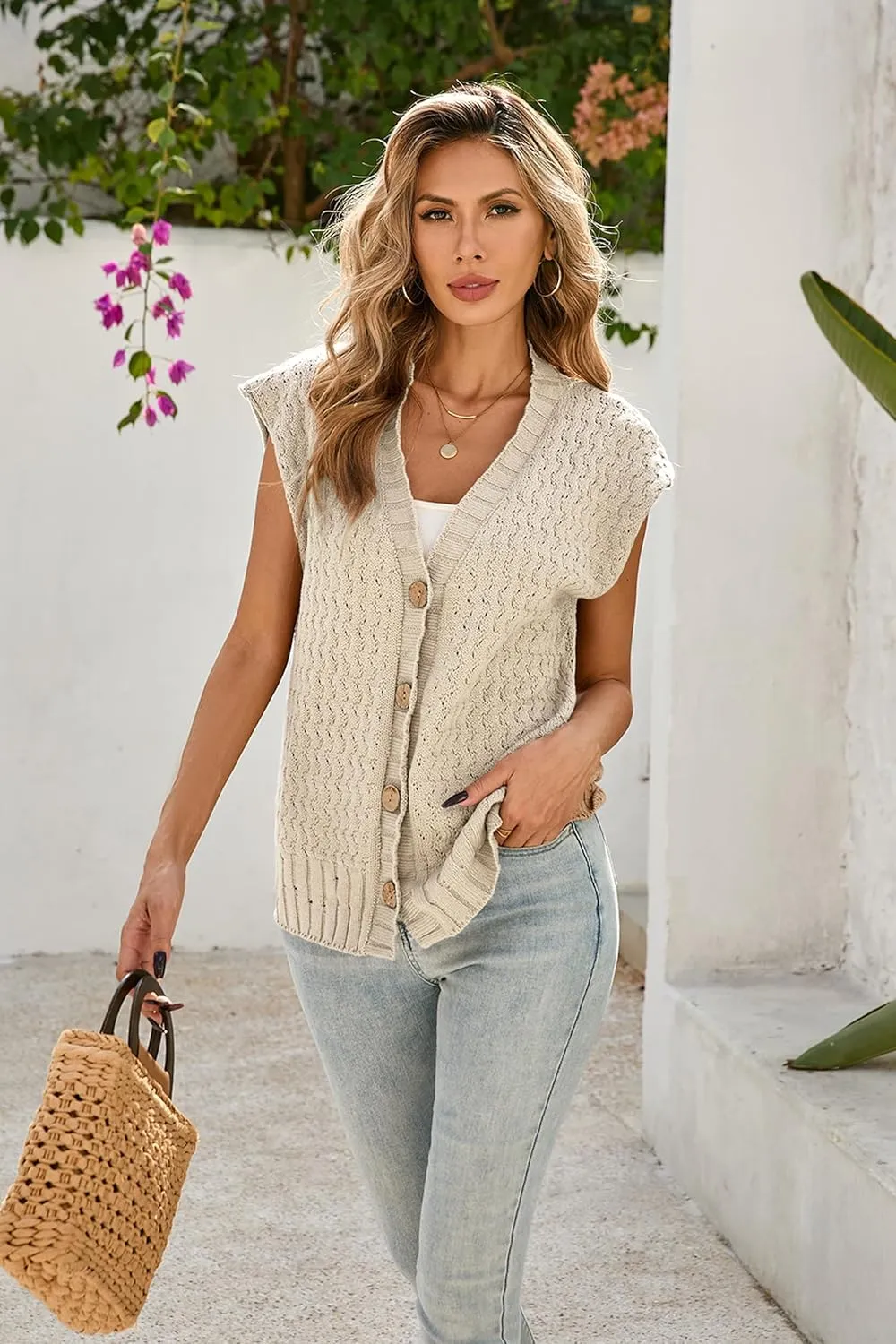 Cakulo Womens Cable Knit Sweater Vest 2025 Oversized Sleeveless Button Down Summer Cardigan Sweaters Tops