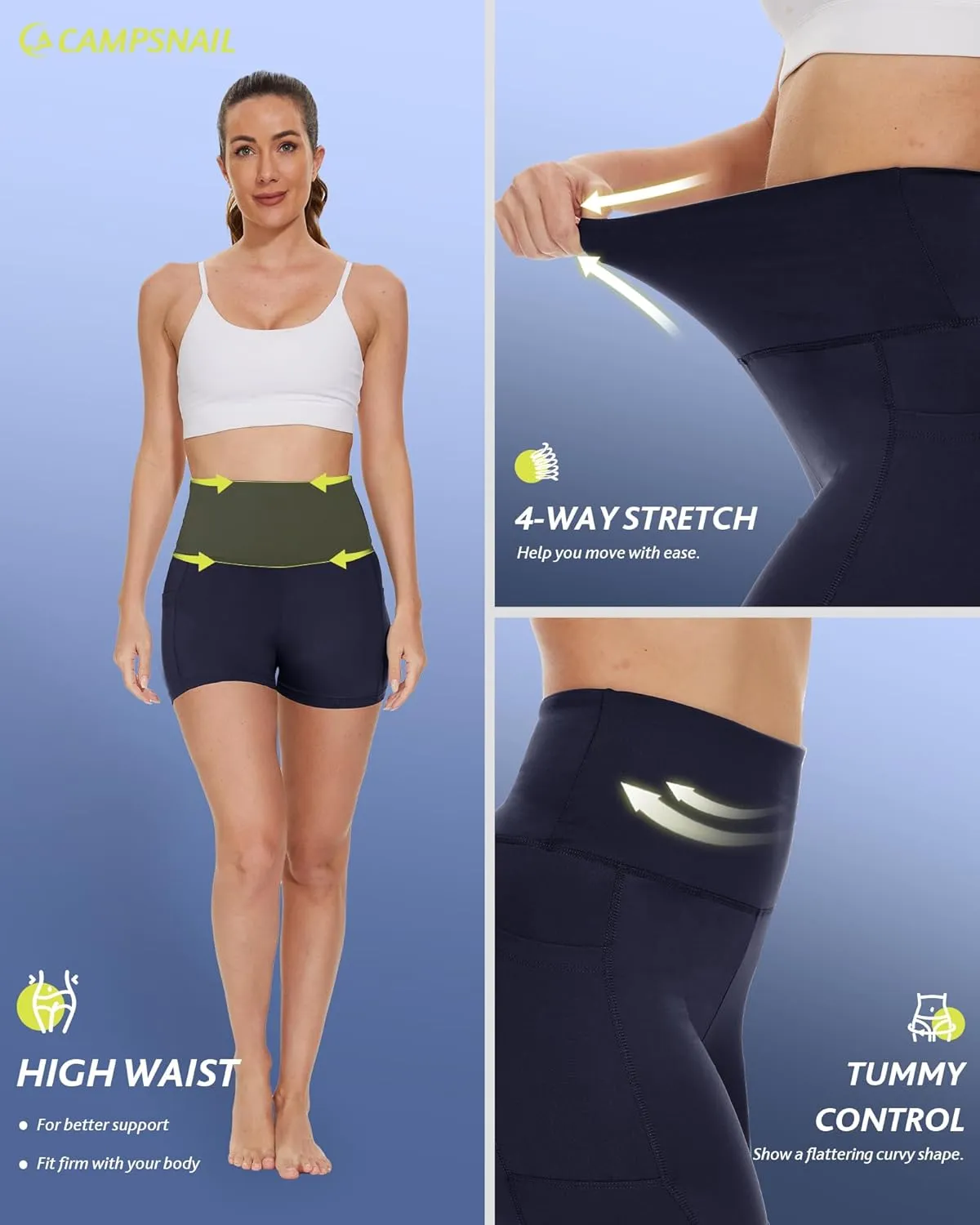 CAMPSNAIL Biker Shorts Women with Pockets - 3"/5"/8" High Waisted Workout Spandex Tummy Control Gym Running Yoga Shorts
