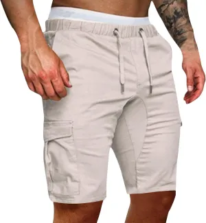 Cargo Shorts for Men Mid Rise Drawstring Elastic Waist Knee Length Slim Fit Shorts Outdoor Hiking Exercise Short Pants