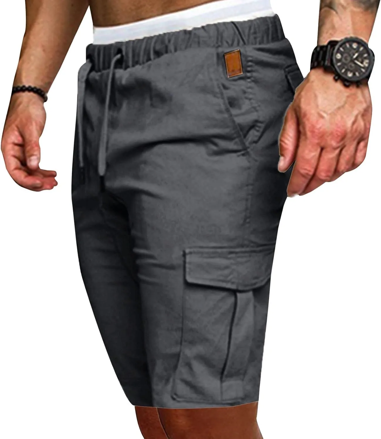 Cargo Shorts for Men Mid Rise Drawstring Elastic Waist Knee Length Slim Fit Shorts Outdoor Hiking Exercise Short Pants