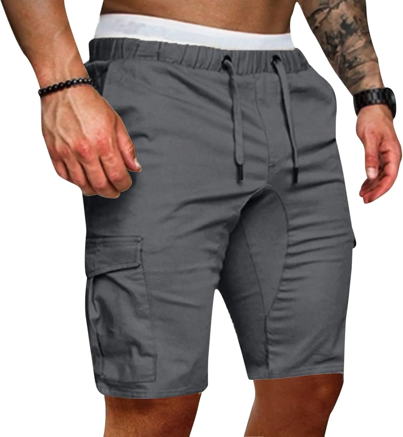 Cargo Shorts for Men Mid Rise Drawstring Elastic Waist Knee Length Slim Fit Shorts Outdoor Hiking Exercise Short Pants