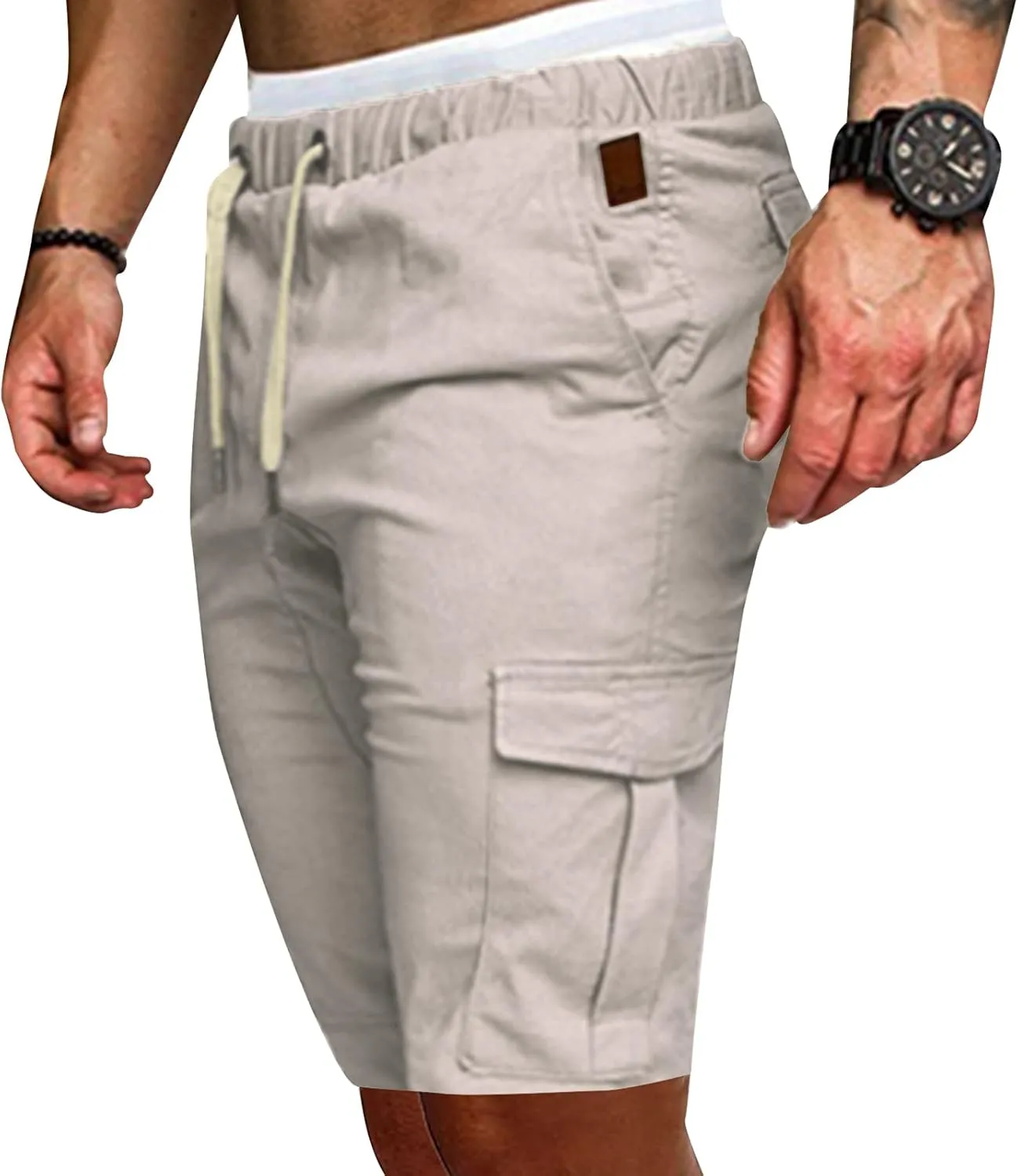Cargo Shorts for Men Mid Rise Drawstring Elastic Waist Knee Length Slim Fit Shorts Outdoor Hiking Exercise Short Pants