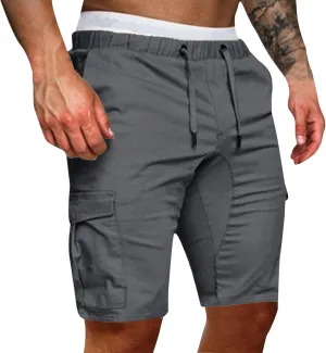 Cargo Shorts for Men Mid Rise Drawstring Elastic Waist Knee Length Slim Fit Shorts Outdoor Hiking Exercise Short Pants