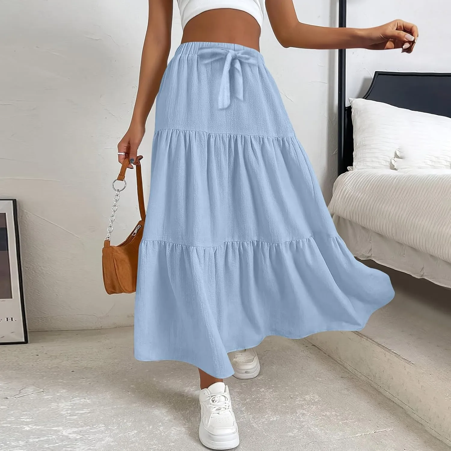 Casual Maxi Skirt for Women Summer Drawstring High Waisted A-Line Skirts Flowy 3-Layer Tiered Ruffle Skirts Long