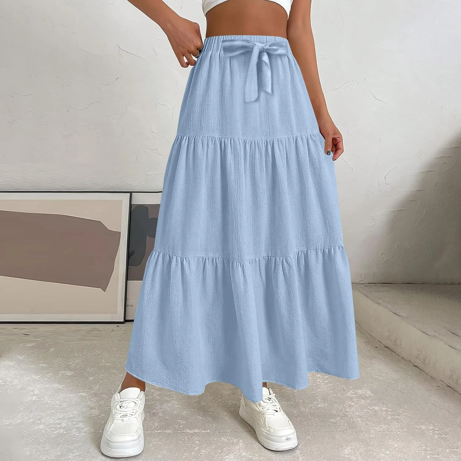 Casual Maxi Skirt for Women Summer Drawstring High Waisted A-Line Skirts Flowy 3-Layer Tiered Ruffle Skirts Long