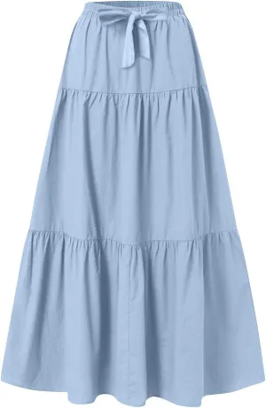 Casual Maxi Skirt for Women Summer Drawstring High Waisted A-Line Skirts Flowy 3-Layer Tiered Ruffle Skirts Long