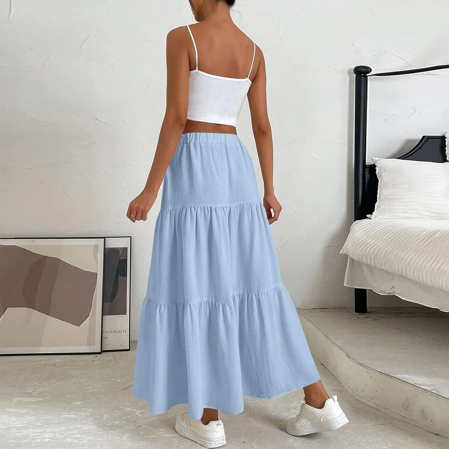 Casual Maxi Skirt for Women Summer Drawstring High Waisted A-Line Skirts Flowy 3-Layer Tiered Ruffle Skirts Long