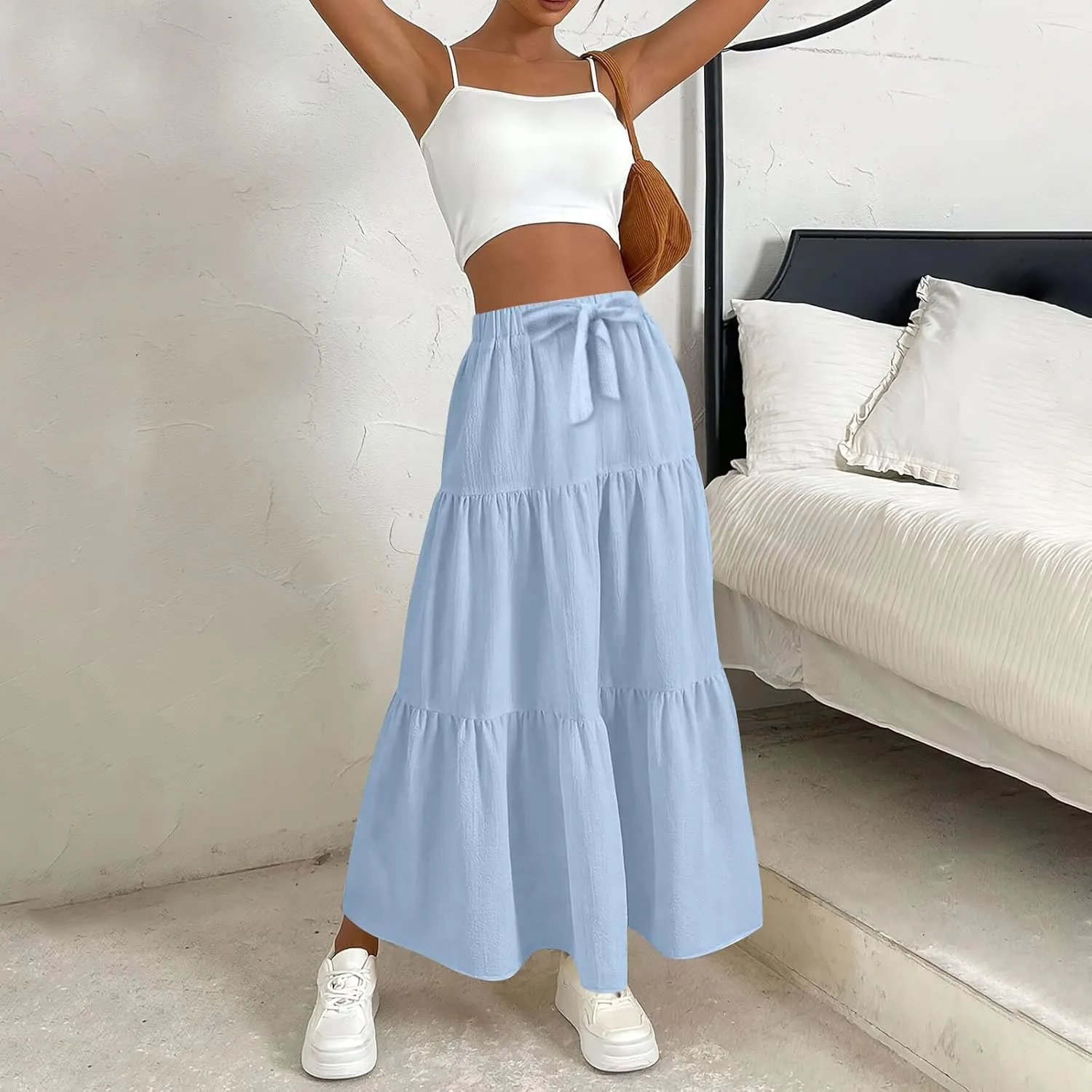 Casual Maxi Skirt for Women Summer Drawstring High Waisted A-Line Skirts Flowy 3-Layer Tiered Ruffle Skirts Long