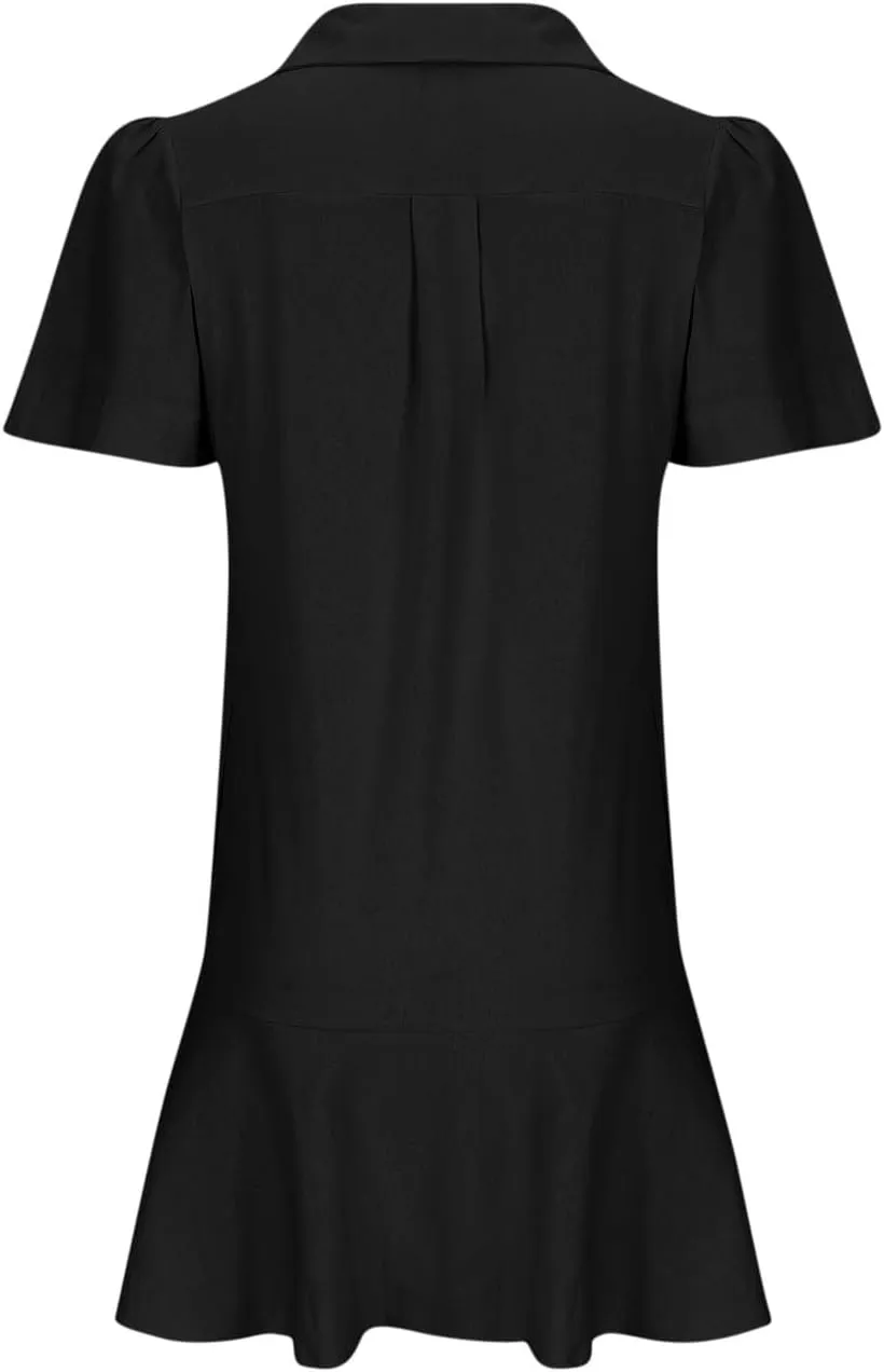 Casual Shirt Dress for Women, Button Down V Neck Lapel A Line Dress Puff Short Sleeve Ruffle Sundress Preppy Outfit