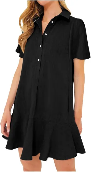 Casual Shirt Dress for Women, Button Down V Neck Lapel A Line Dress Puff Short Sleeve Ruffle Sundress Preppy Outfit