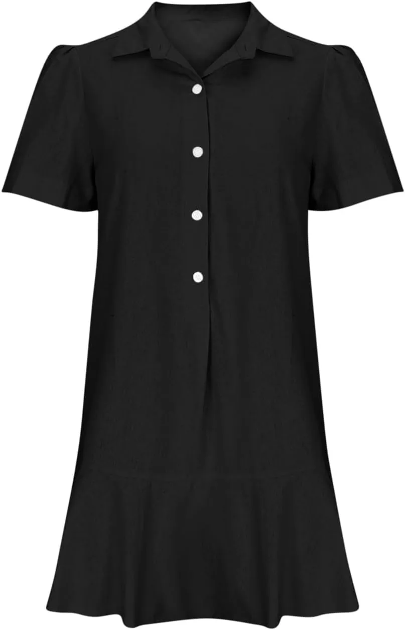Casual Shirt Dress for Women, Button Down V Neck Lapel A Line Dress Puff Short Sleeve Ruffle Sundress Preppy Outfit