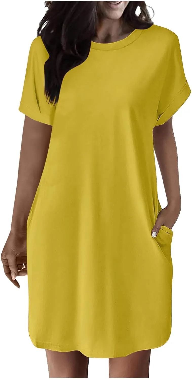 Casual Short Sleeve Tee Dress for Women, Solid Round Neck Mini Dresses Comfy Regular Fit Summer Swing Hem Cute Dress