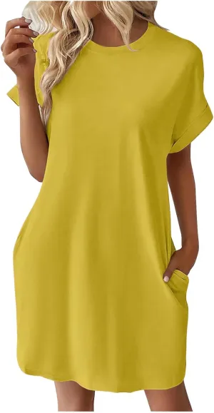 Casual Short Sleeve Tee Dress for Women, Solid Round Neck Mini Dresses Comfy Regular Fit Summer Swing Hem Cute Dress