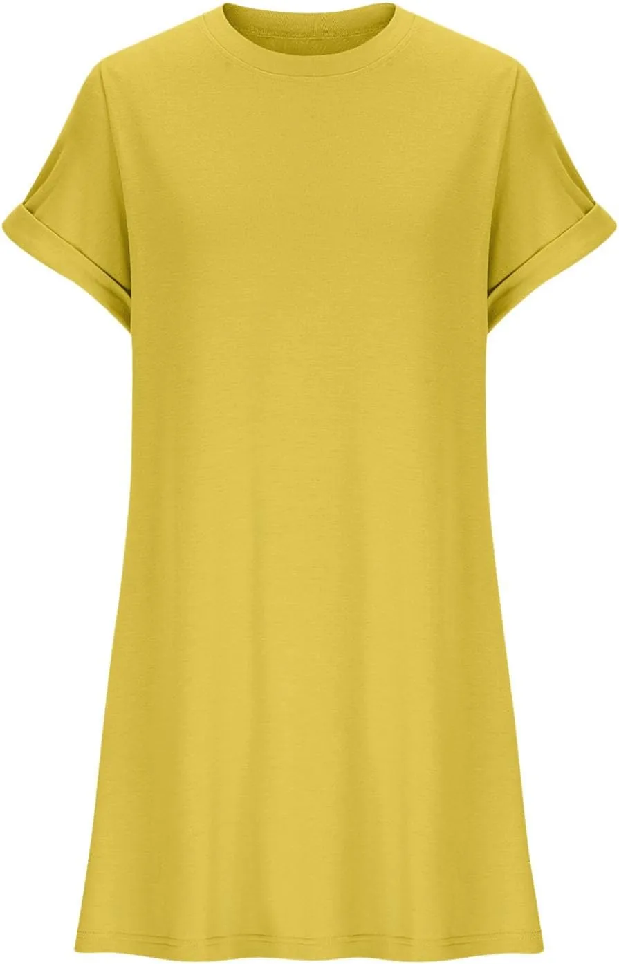 Casual Short Sleeve Tee Dress for Women, Solid Round Neck Mini Dresses Comfy Regular Fit Summer Swing Hem Cute Dress