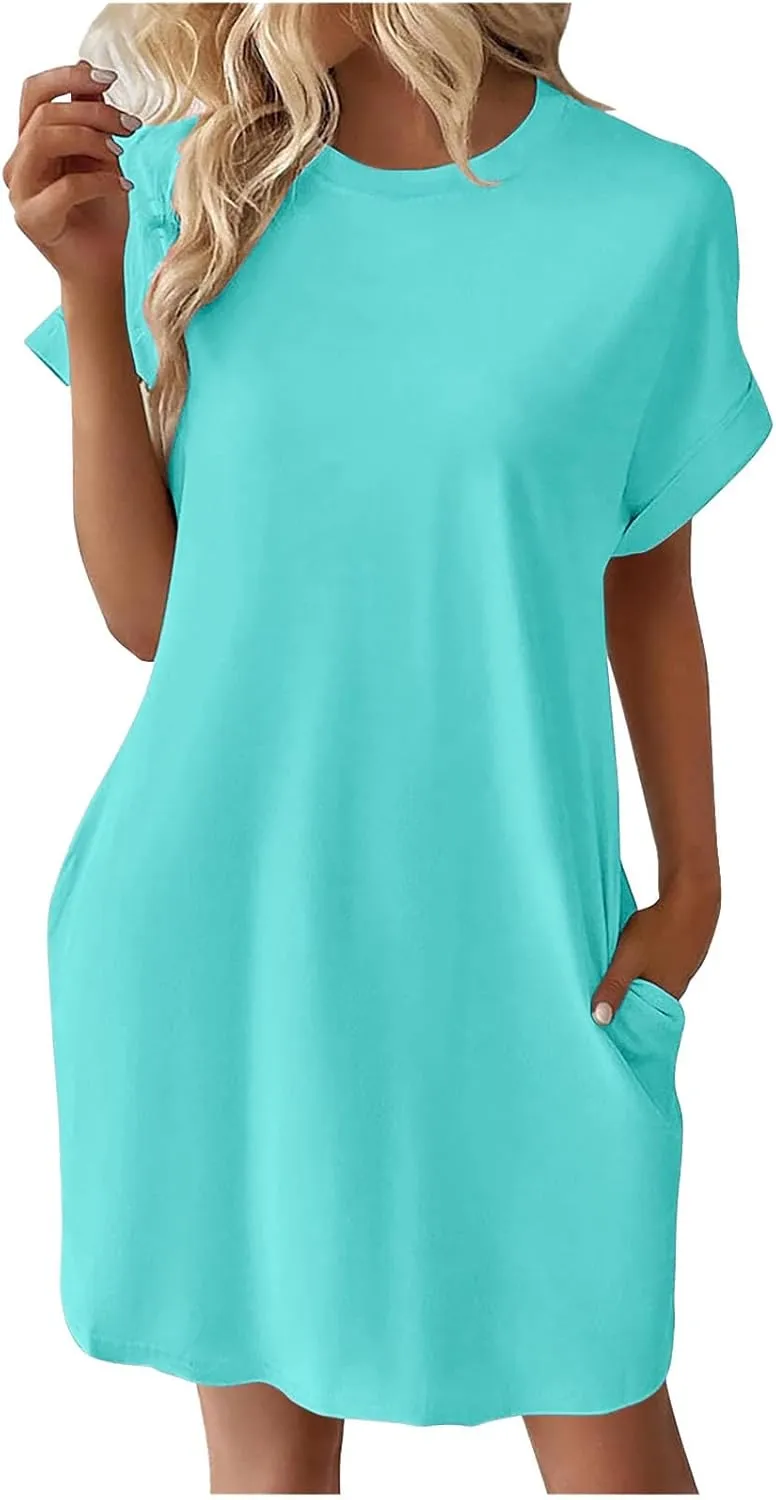 Casual Short Sleeve Tee Dress for Women, Solid Round Neck Mini Dresses Comfy Regular Fit Summer Swing Hem Cute Dress