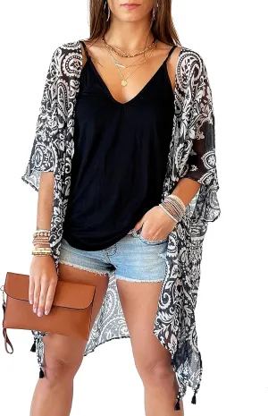 CATCHY & CRAFTY Swimsuit Coverup for Women Kimono Cardigan Beach Floral Boho Print Resort Wear Cruise Gift