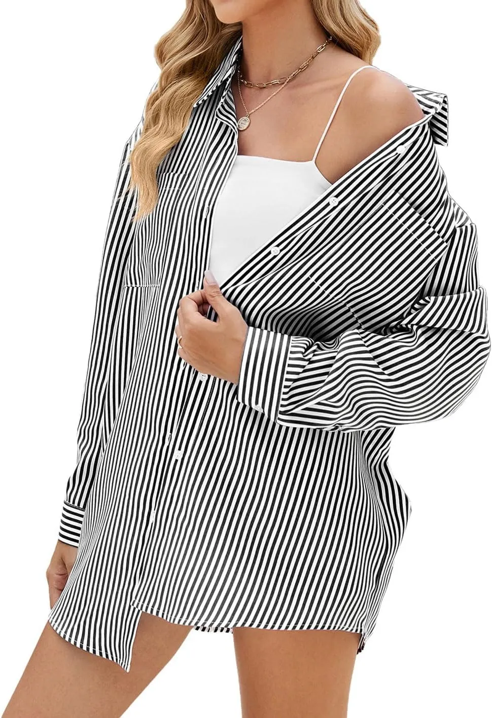 chouyatou Women's Fall Oversized Striped Button Down Shirt Lightweight Boyfriend Shirt Business Casual Top
