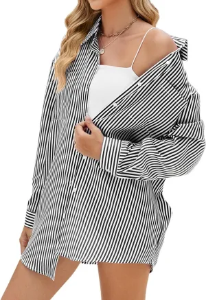 chouyatou Women's Fall Oversized Striped Button Down Shirt Lightweight Boyfriend Shirt Business Casual Top
