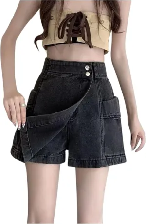 Clearance of The Day Jean Shorts for Women Summer 2024 Oversized High Waisted Button Front A Line Denim Skort Trendy Asymmetrical Hem Skirt Shorts High Waisted Athletic Shorts Women,Grey,S