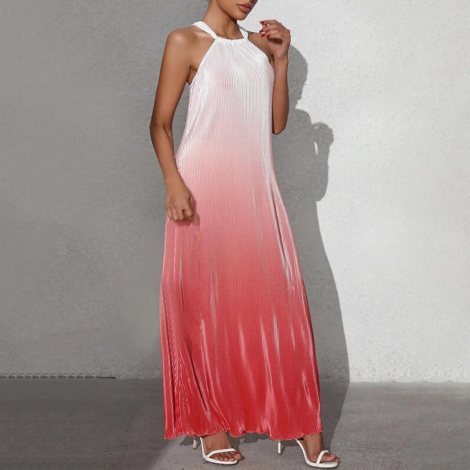 Cocktail Dresses for Women Tweed Gradient Flowy Maxi Tank Dress Sleeveless Off Shoulder Party Wedding Guest Dresses