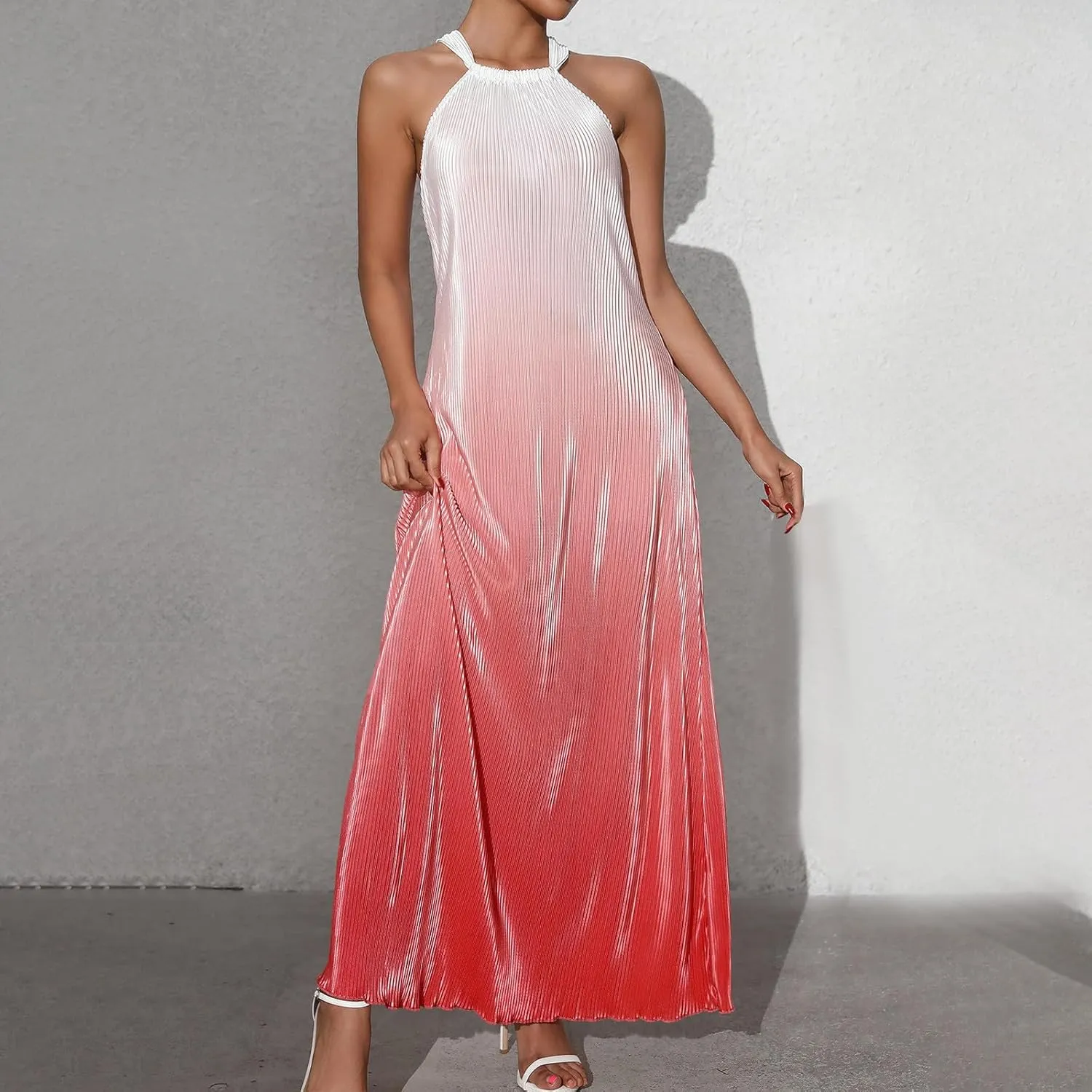 Cocktail Dresses for Women Tweed Gradient Flowy Maxi Tank Dress Sleeveless Off Shoulder Party Wedding Guest Dresses