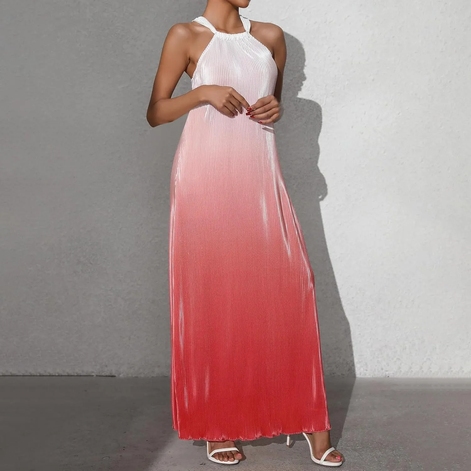 Cocktail Dresses for Women Tweed Gradient Flowy Maxi Tank Dress Sleeveless Off Shoulder Party Wedding Guest Dresses