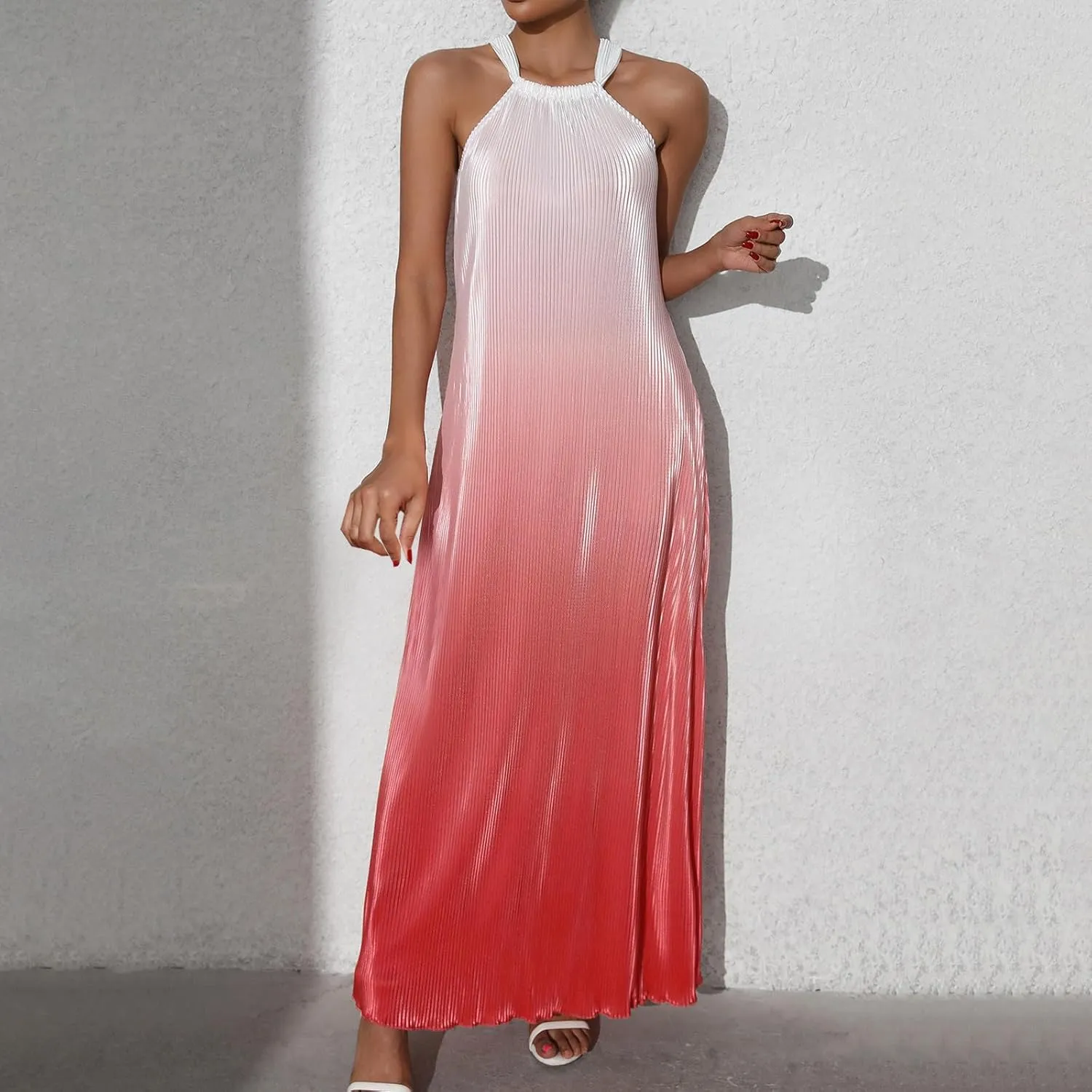 Cocktail Dresses for Women Tweed Gradient Flowy Maxi Tank Dress Sleeveless Off Shoulder Party Wedding Guest Dresses