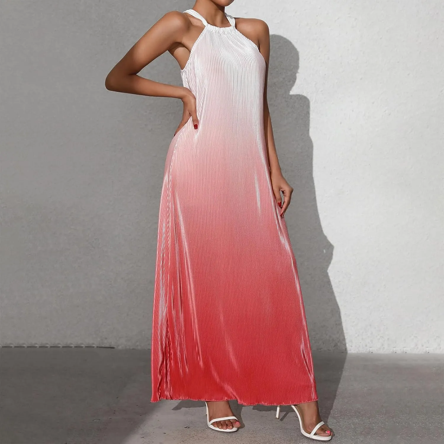 Cocktail Dresses for Women Tweed Gradient Flowy Maxi Tank Dress Sleeveless Off Shoulder Party Wedding Guest Dresses