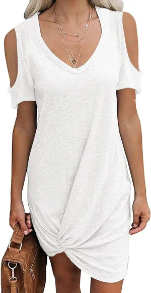 Cold Shoulder Dresses for Women Summer V Neck Short Sleeve Sexy Mini Dress Casual Beach Vacation Lightweight Outfits