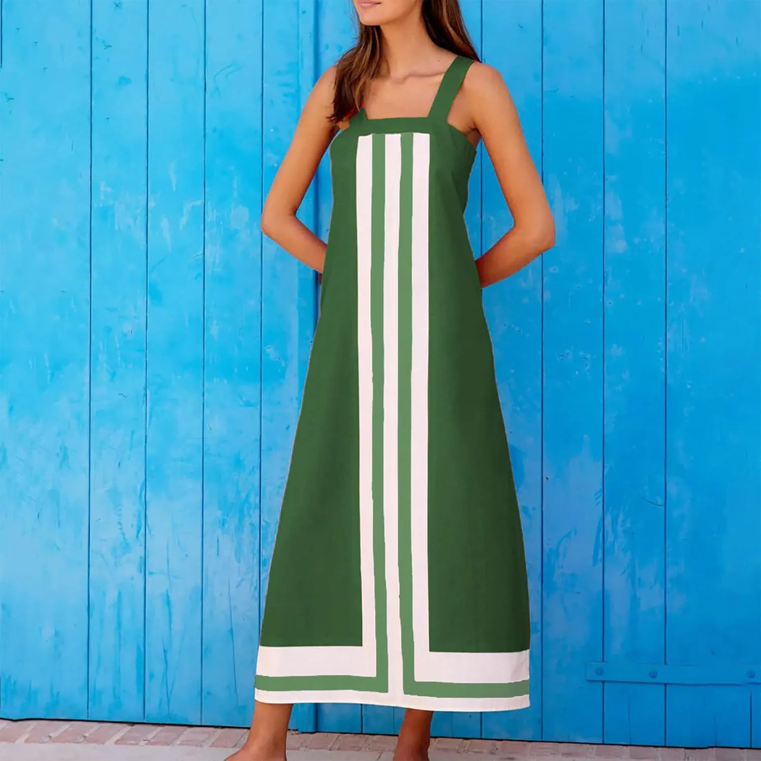 Color Block Dress for Women Beach Vacation Linen Summer Maxi Dresses Bohemian Square Neck Long Sundress Overall Dress