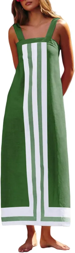 Color Block Dress for Women Beach Vacation Linen Summer Maxi Dresses Bohemian Square Neck Long Sundress Overall Dress