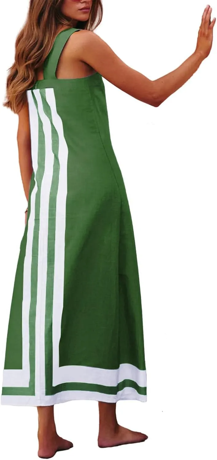Color Block Dress for Women Beach Vacation Linen Summer Maxi Dresses Bohemian Square Neck Long Sundress Overall Dress