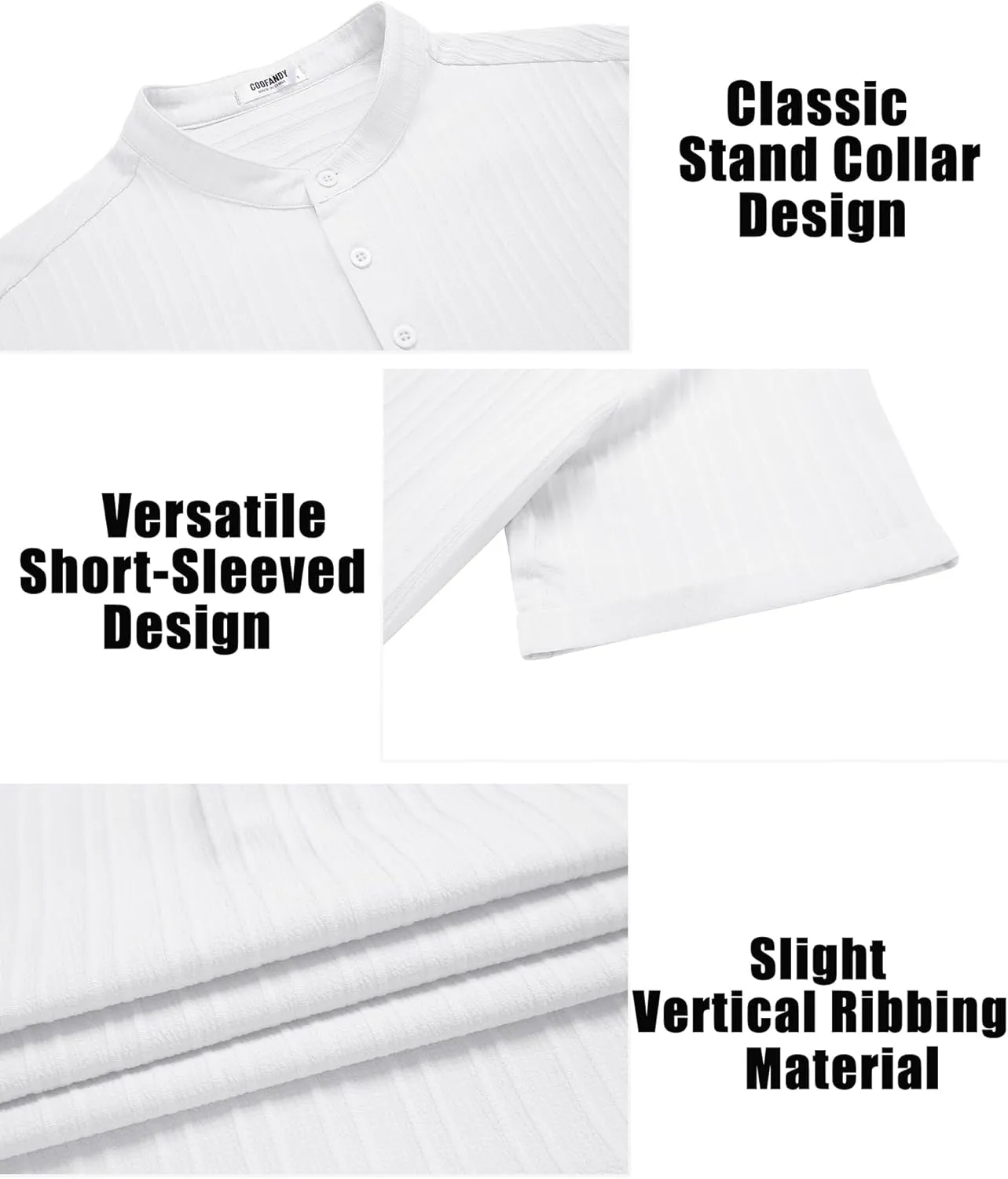 COOFANDY Men Casual Henley Tee Shirt Short Sleeve Band Collar Summer Beach Textured T-Shirt