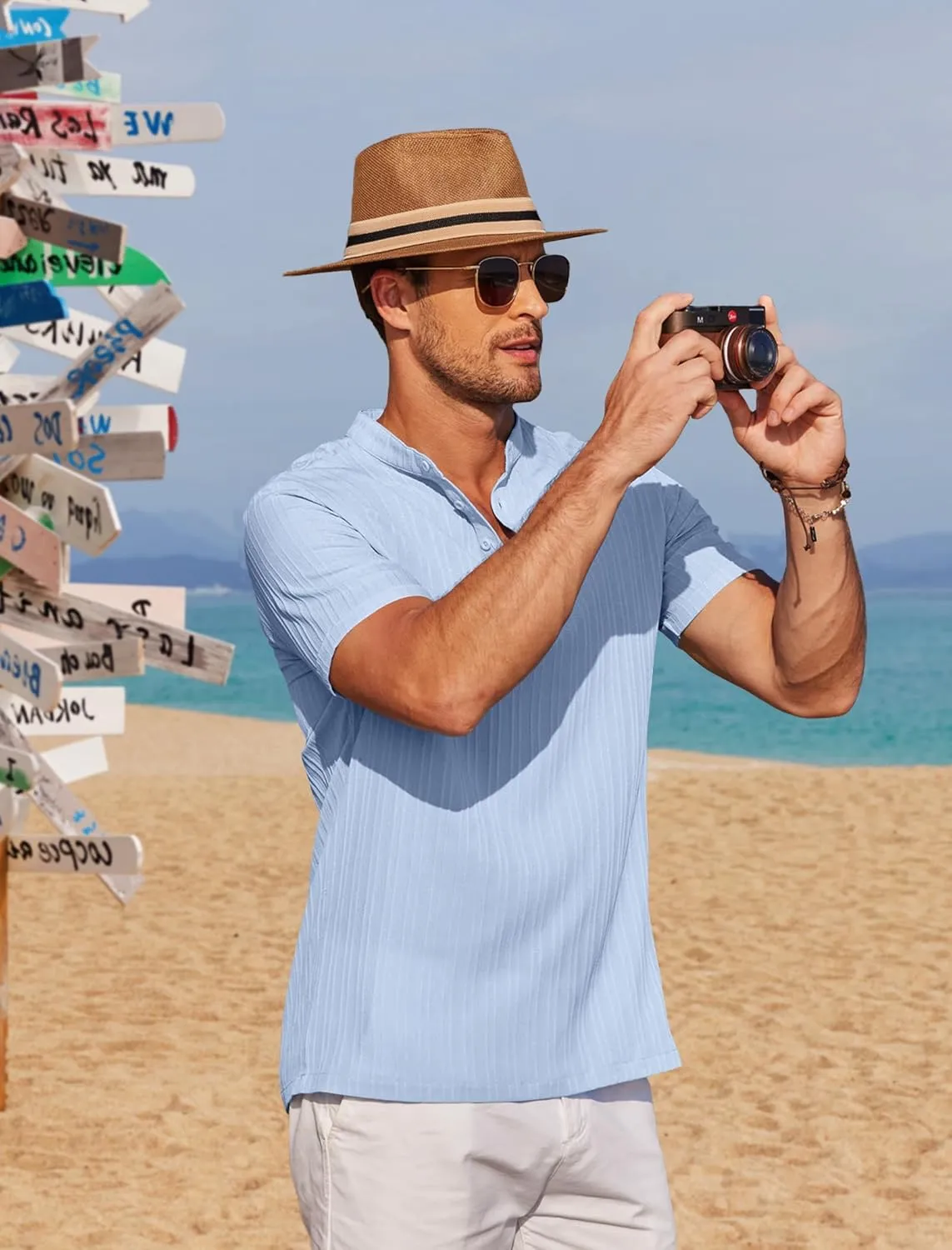 COOFANDY Men Casual Henley Tee Shirt Short Sleeve Band Collar Summer Beach Textured T-Shirt