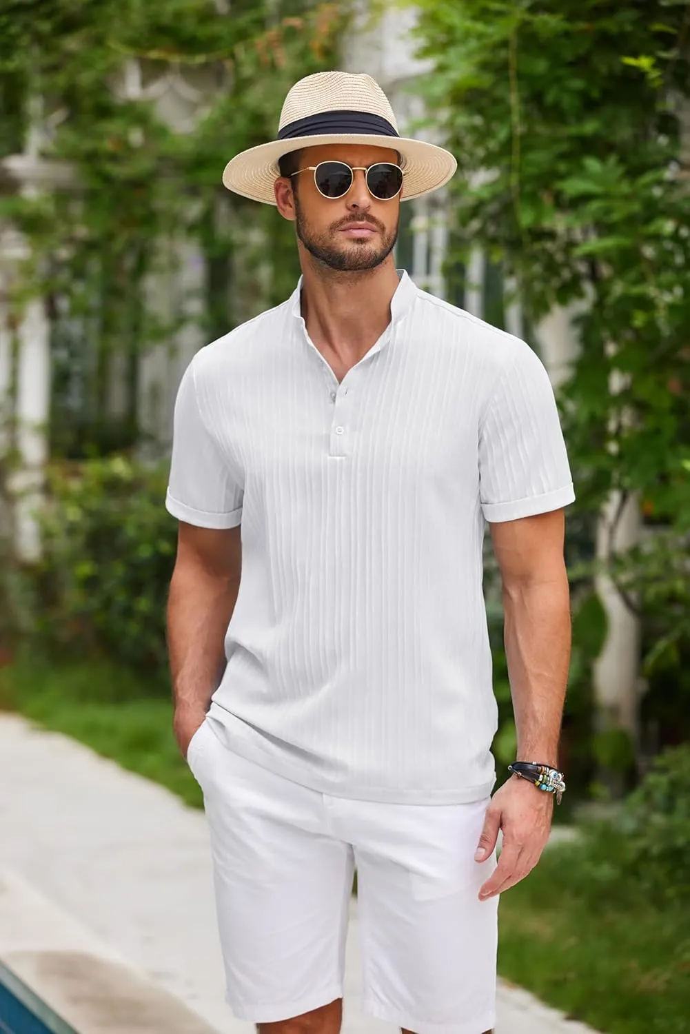 COOFANDY Men Casual Henley Tee Shirt Short Sleeve Band Collar Summer Beach Textured T-Shirt