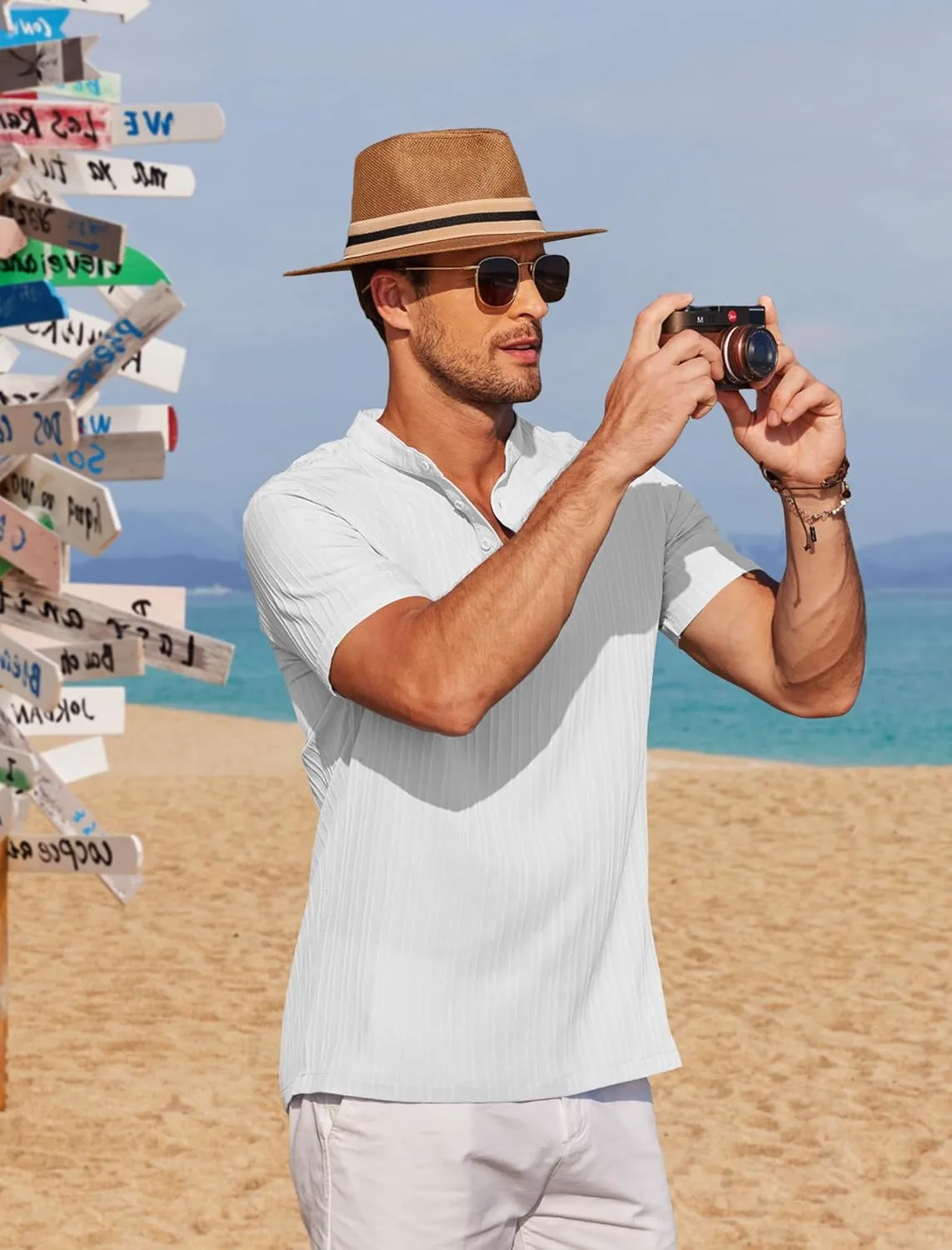 COOFANDY Men Casual Henley Tee Shirt Short Sleeve Band Collar Summer Beach Textured T-Shirt