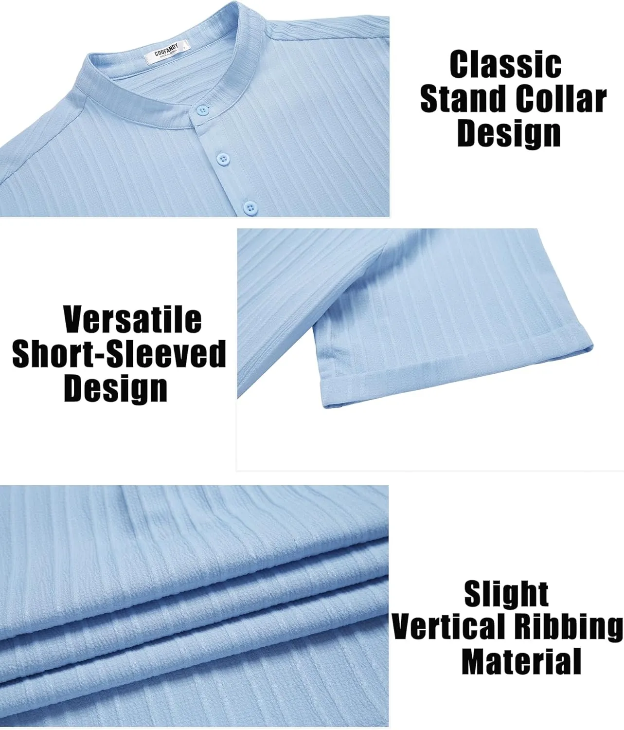 COOFANDY Men Casual Henley Tee Shirt Short Sleeve Band Collar Summer Beach Textured T-Shirt